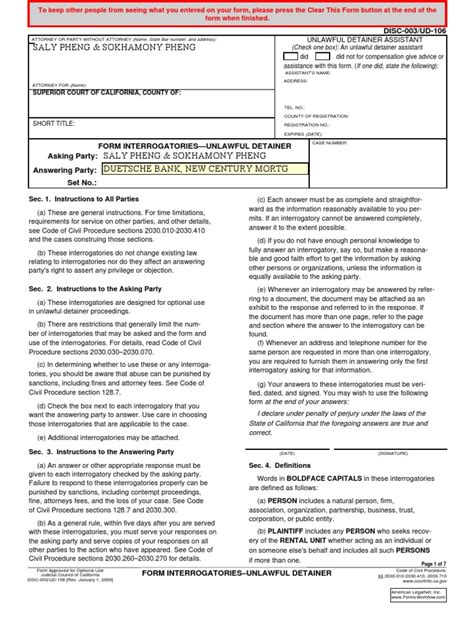 disc003_FORM INTERROGATORIES—UNLAWFUL DETAINER Eviction Interrogatories