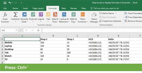 display formulas in excel