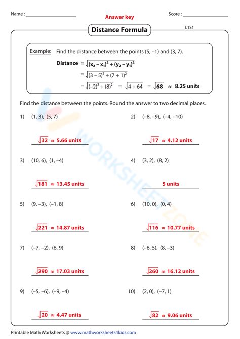 Distance Formula Worksheet