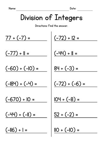 Dividing Integers Division Worksheets Teaching Resources Integer Division Worksheet - Integer Division Worksheet