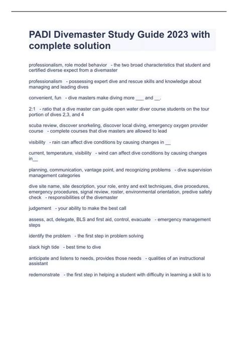 Diving Padi Divemaster Exam Study Guide