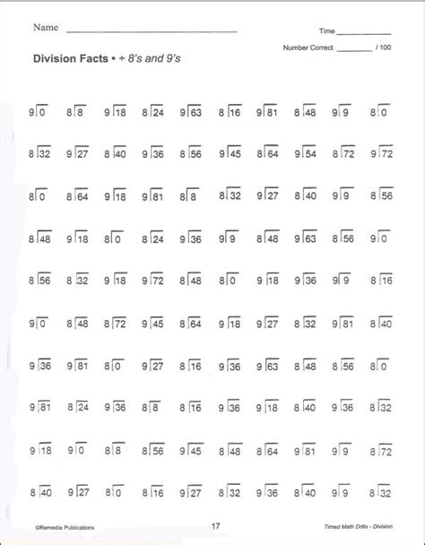 Division Facts Drill   Division Timed Drill 0 12 Printable Math Worksheets - Division Facts Drill