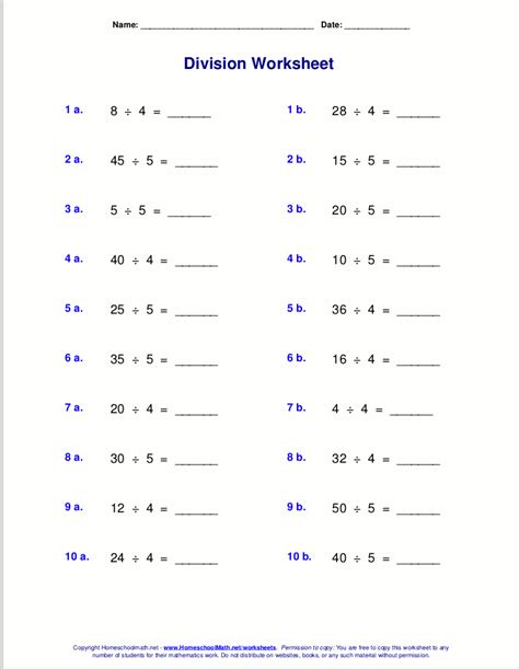 Division Facts Worksheets K5 Learning Division Drills - Division Drills