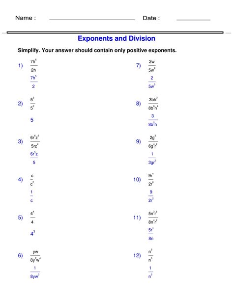 Division Properties Of Exponents Worksheet