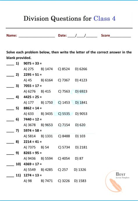 Division Questions For Class 4