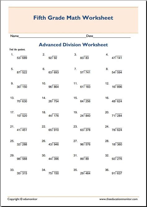 Division Sums For Class 5 With Answers