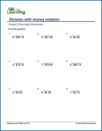 Division With Money Notation Worksheets K5 Learning 5th Grade Money Worksheet - 5th Grade Money Worksheet