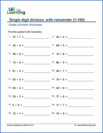 Division Worksheets K5 Learning Short Division With Remainders - Short Division With Remainders