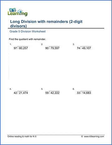 Division Worksheets K5 Learning Two Digit Division - Two Digit Division