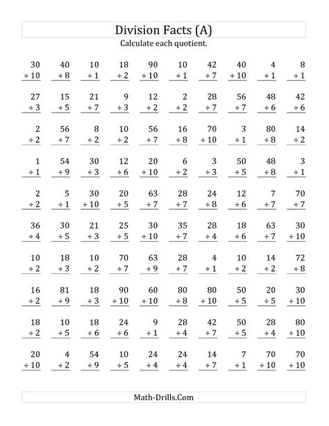 Division Worksheets Math Drills 100 Division Facts - 100 Division Facts