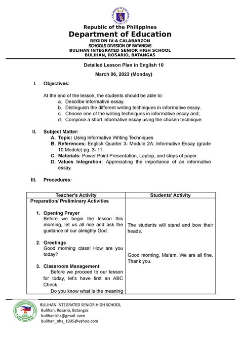 Dlp Informative Essay Lesson Plan Department Of Education Lesson Plan For Essay Writing - Lesson Plan For Essay Writing