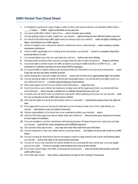 Dmv Test Cheat Sheet Pdf