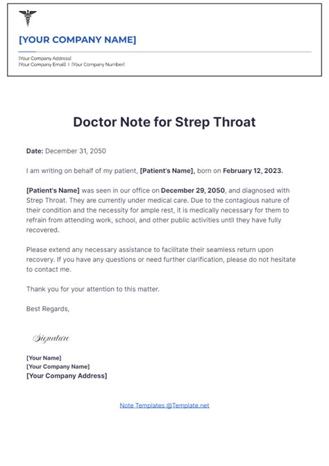 Doctors Note Template Strep Throat