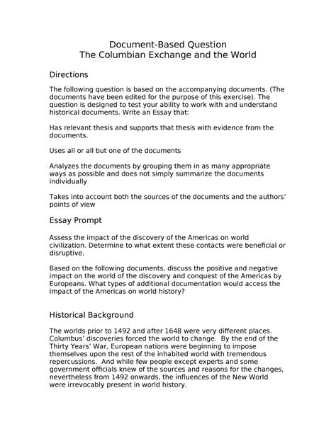 Download Document Based Question The Columbian Exchange World 