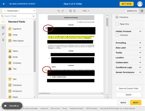 docusignapi There is any way to add custom fields (checkbox) to a PDF