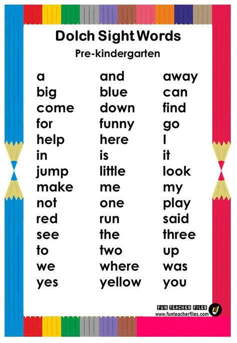 Dolch Kindergarten Kindergarten Dolch Sight Words List - Kindergarten Dolch Sight Words List