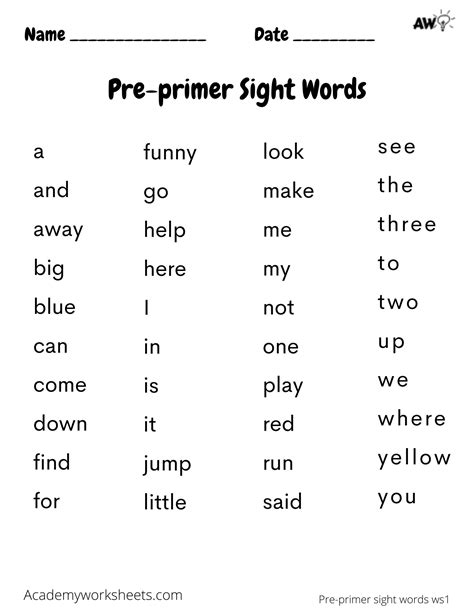 Dolch Sight Words Lists For Pre K Kindergarten Grade K Sight Words - Grade K Sight Words