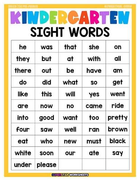 Dolch Sight Words Superstar Worksheets Kindergarten Dolche Word List - Kindergarten Dolche Word List