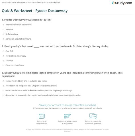 dostoevsky biography timeline worksheet