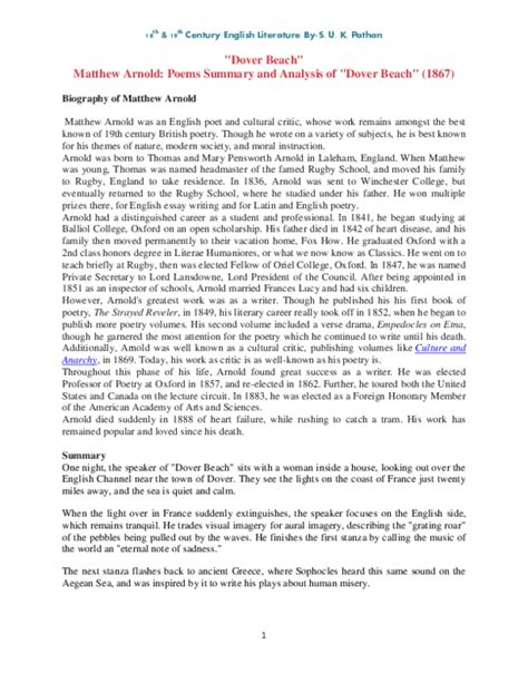 Dover Beach Matthew Arnold Summary And Critical Analysis