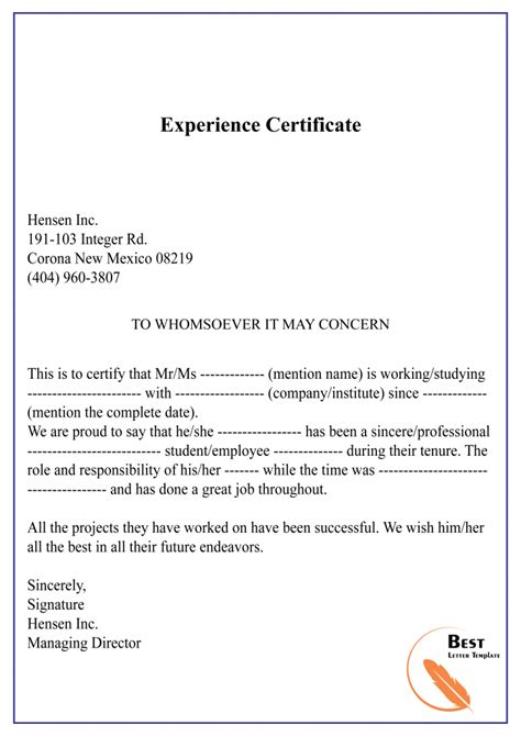 Download Experience Certificate Sample