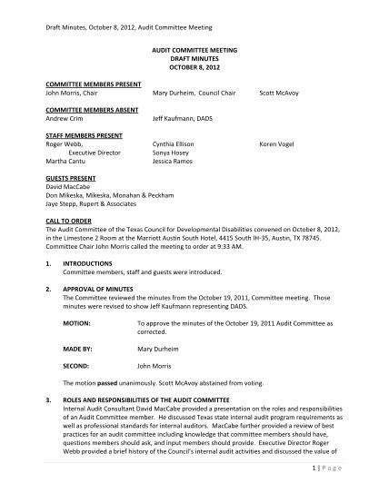 Download Draft Minutes Of The Audit Committee Meeting Held On 