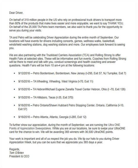 Driver Appreciation Letter