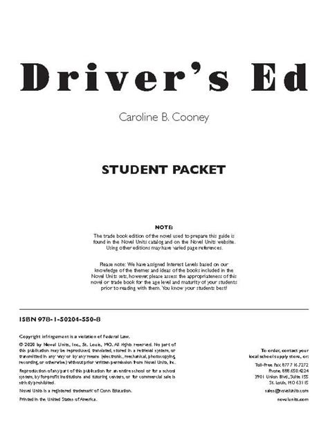 Drivers Ed Student Packet By Novel Units Inc By Novel Units Inc 2008 Paperback