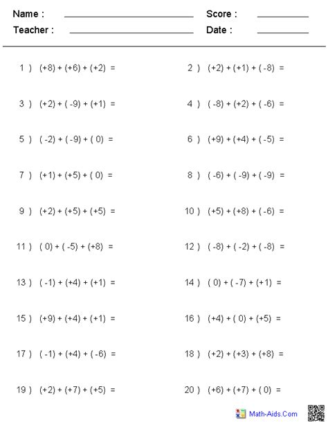 Dynamically Created Integers Worksheets Math Aids Com Subtracting Negative Integers Worksheet - Subtracting Negative Integers Worksheet