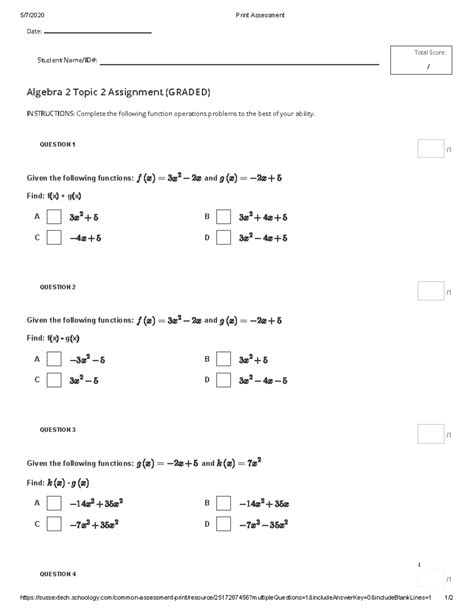 E2020 Algebra 2 Topic Test Answer Key