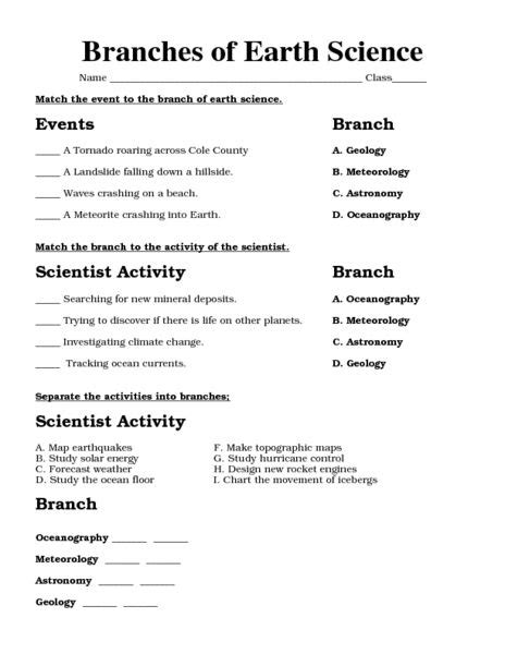 Earth Science Branches Worksheet Scienceworksheets Net Branches Of Earth Science Worksheet - Branches Of Earth Science Worksheet