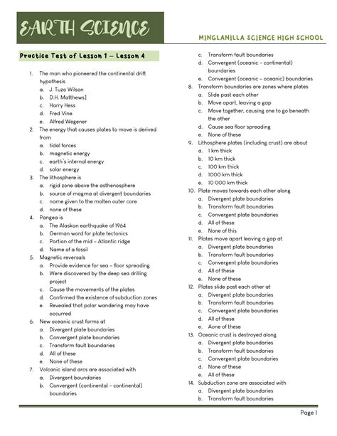 Earth Science Practice Test With Answers