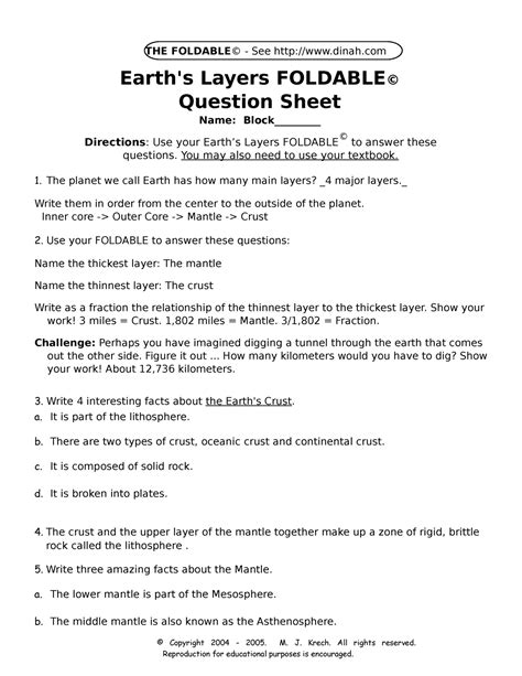 Earths Layers Foldable Question Sheet Answer Key