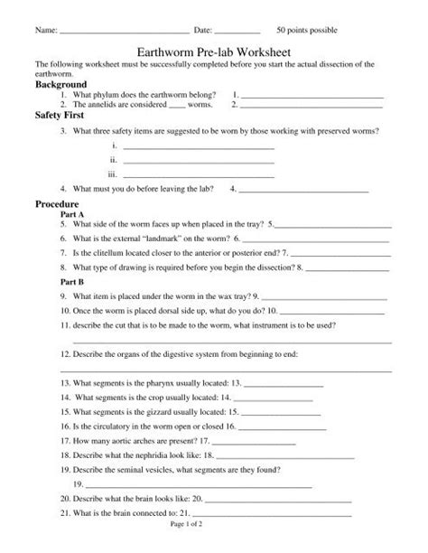 Earthworm Pre Lab Worksheet Answer Key