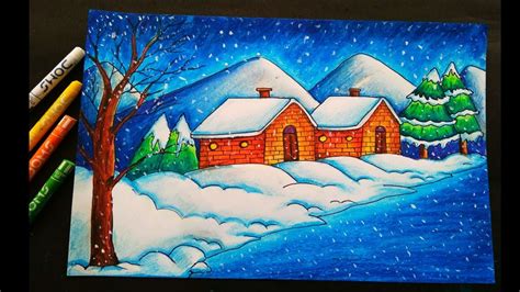 Easy Winter Snowfall Scenery Drawing For Beginners With Drawing Of Winter Season With Colour - Drawing Of Winter Season With Colour