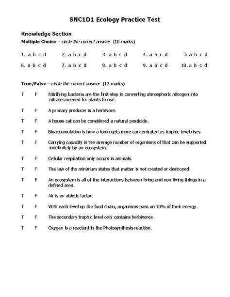 ecology test multiple choice answer key