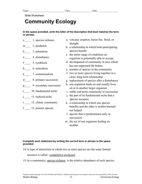 Ecology Worksheets Community Ecology Worksheet Answers - Community Ecology Worksheet Answers