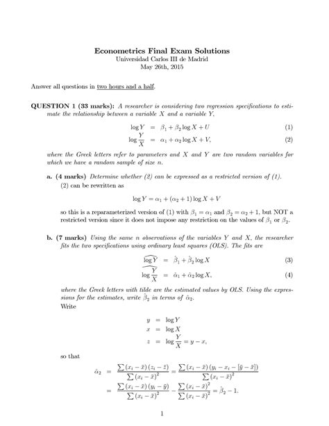 econometrics final exam and solutions