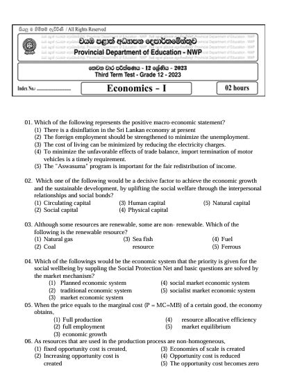 Economics Third Term Test Grade 11