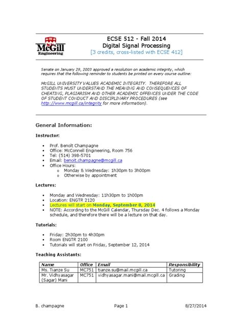 Ecse 512 Digital Signal Processing 1 Mcgill University