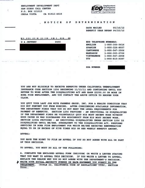 Edd Appeal Letter Sample