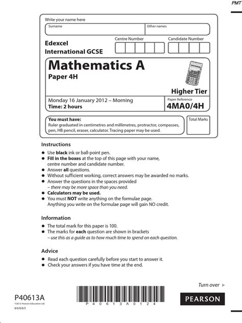 Edexcel Igcse Paper 4h Maths May 2012 Mark Scheme
