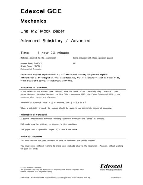 Edexcel M2 Mock Paper Mark Scheme