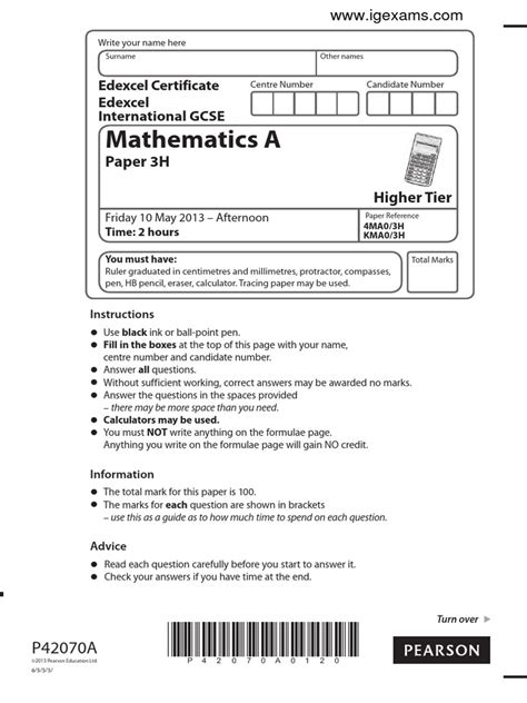Edexcel Math Paper 2013 3h