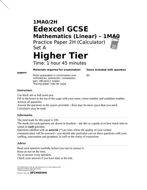 Download Edexcel 1Ma0 2H Question Paper 