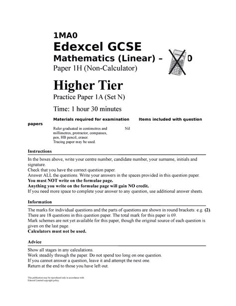 Read Edexcel Linear Specification Practice Paper 1A 