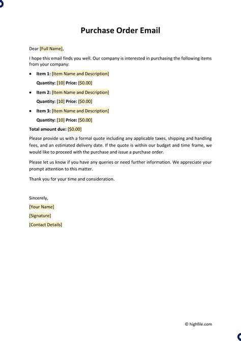 editable purchase order email template pdf example in 2021 Purchase