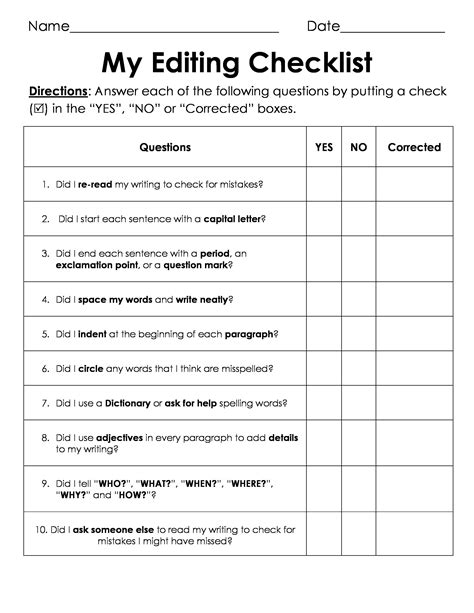 Editing Checklist Middle School