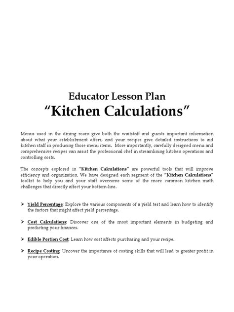 Educator Lesson Plan Kitchen Calculations Pdf Free Download Changing Recipe Yield Worksheet Answers - Changing Recipe Yield Worksheet Answers