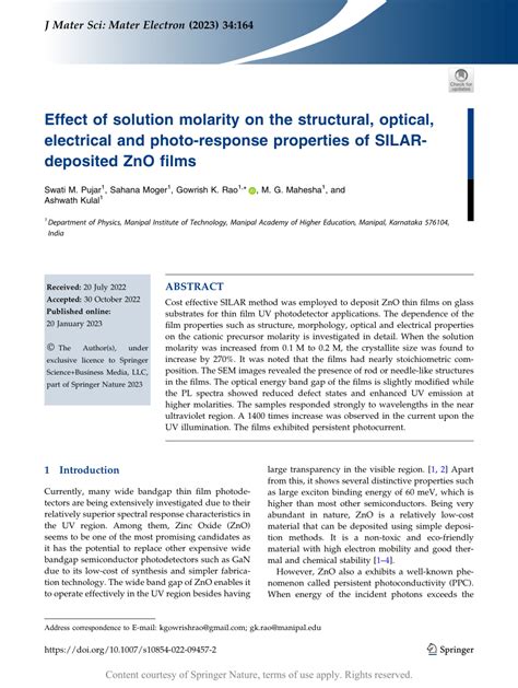 effect of solution molarity on microstructural and optical
